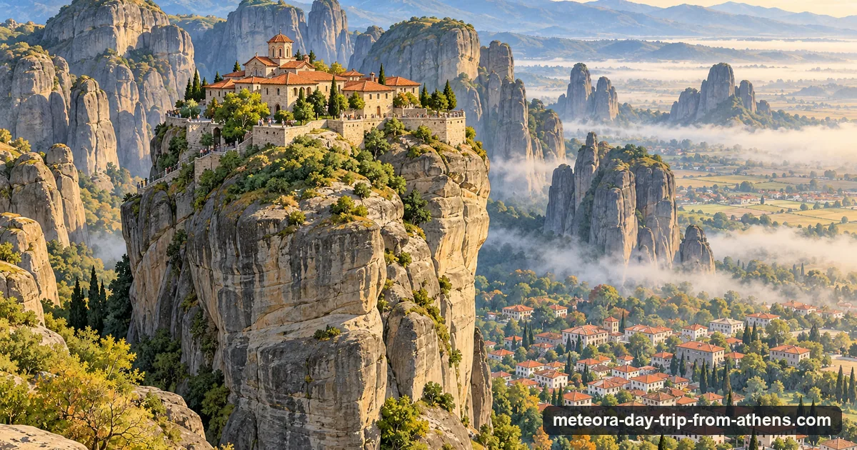 Illustration: a monastery with red-tiled roofs on the flat top of a sheer grey sandstone pillar, more pillars behind, morning mist in the valley below and a village at the foot of the rocks