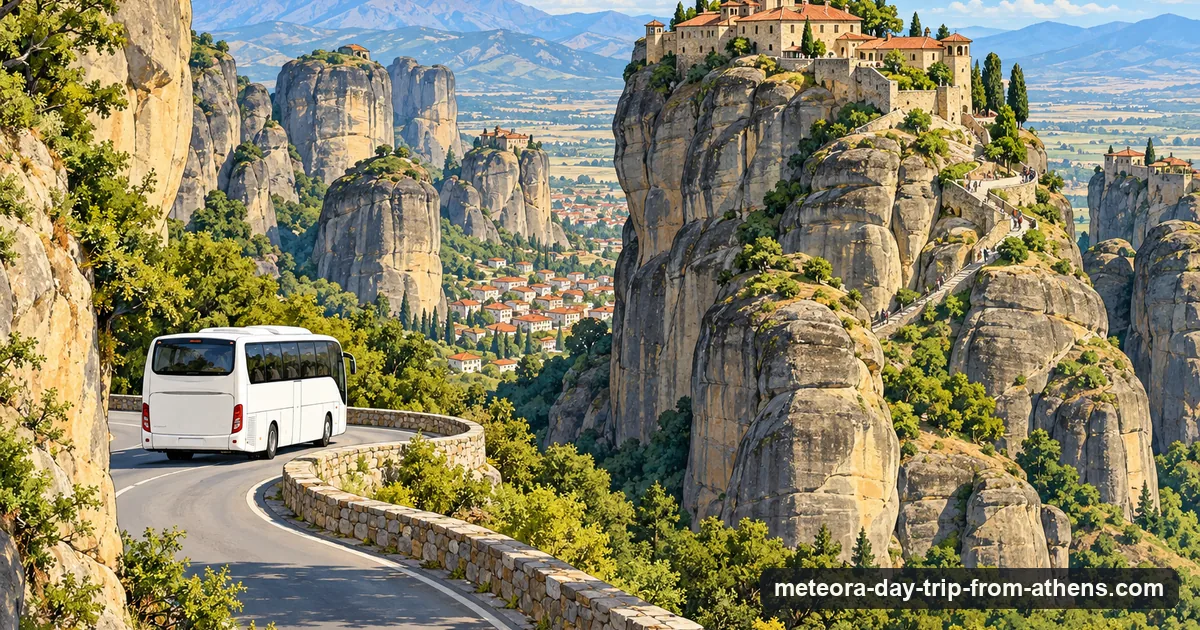 Illustration: a white coach on a winding road between tall grey rock pillars, a red-roofed monastery high on top of one