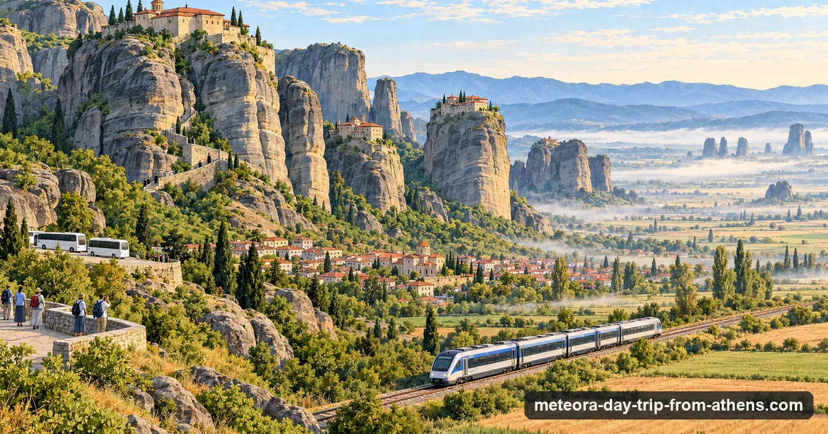 Illustration: a white and blue train on a track across golden fields, the rock pillars of Meteora and the town of Kalambaka behind