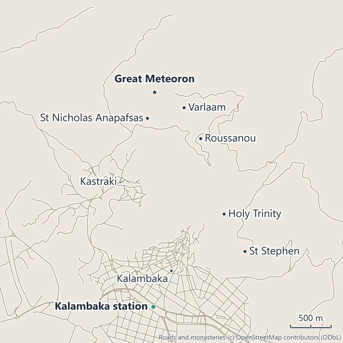 Map of the Meteora monasteries above Kalambaka and Kastraki: the Great Meteoron, Varlaam, St Nicholas Anapafsas, Roussanou, the Holy Trinity and St Stephen, with the roads up from the town and Kalambaka station