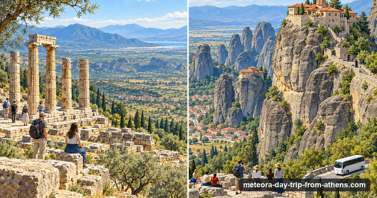 Illustration: a split scene, ancient temple columns on a mountain slope with olive trees on the left, sandstone pillars with a monastery on the right