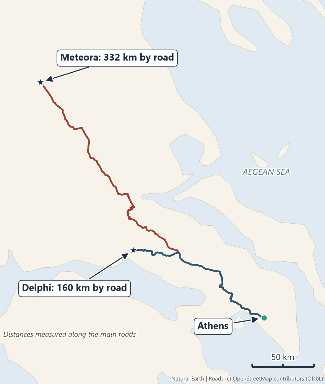 Map of central Greece with the roads from Athens to Delphi, 160 km, and from Athens to Meteora, 332 km, by the main roads