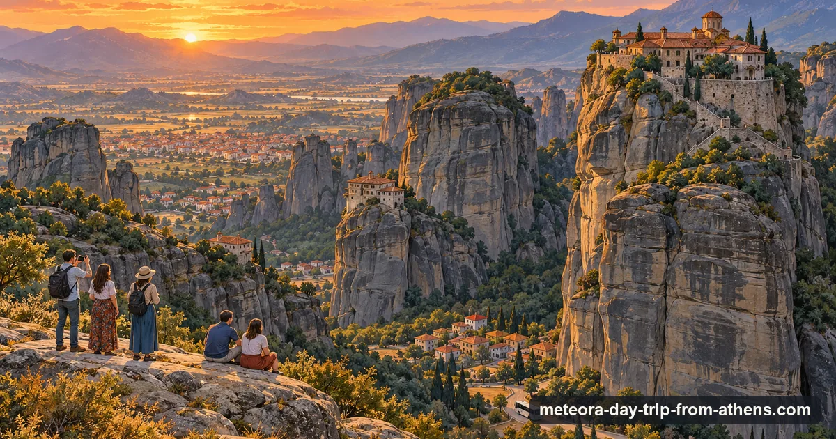 Illustration: tall grey rock pillars at sunset with a monastery on the summit of one, the sky gold and pink, a few people on a rocky viewpoint in the foreground